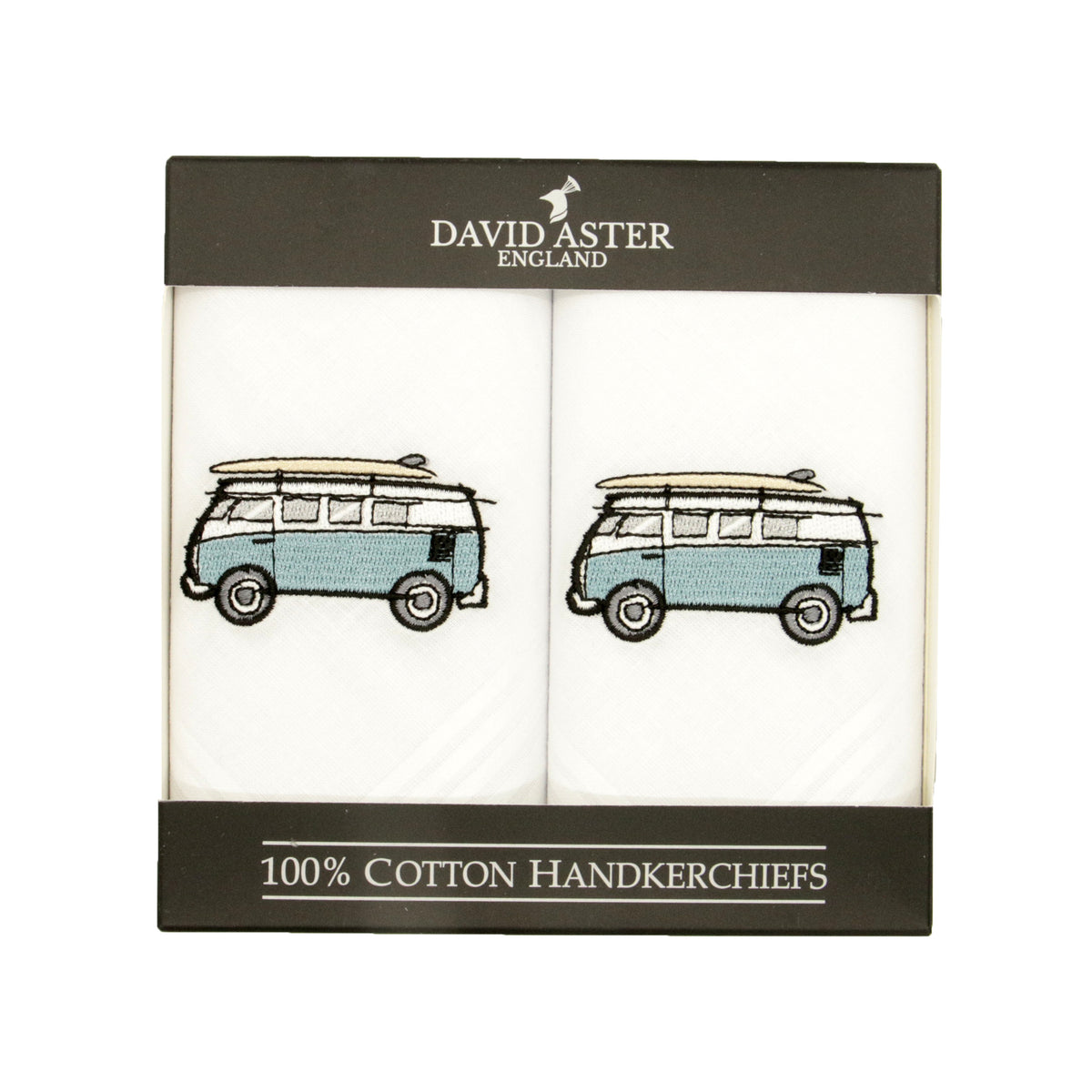 Campervan Embroidered White Cotton Handkerchiefs - Leonard Silver - pair in presentation box