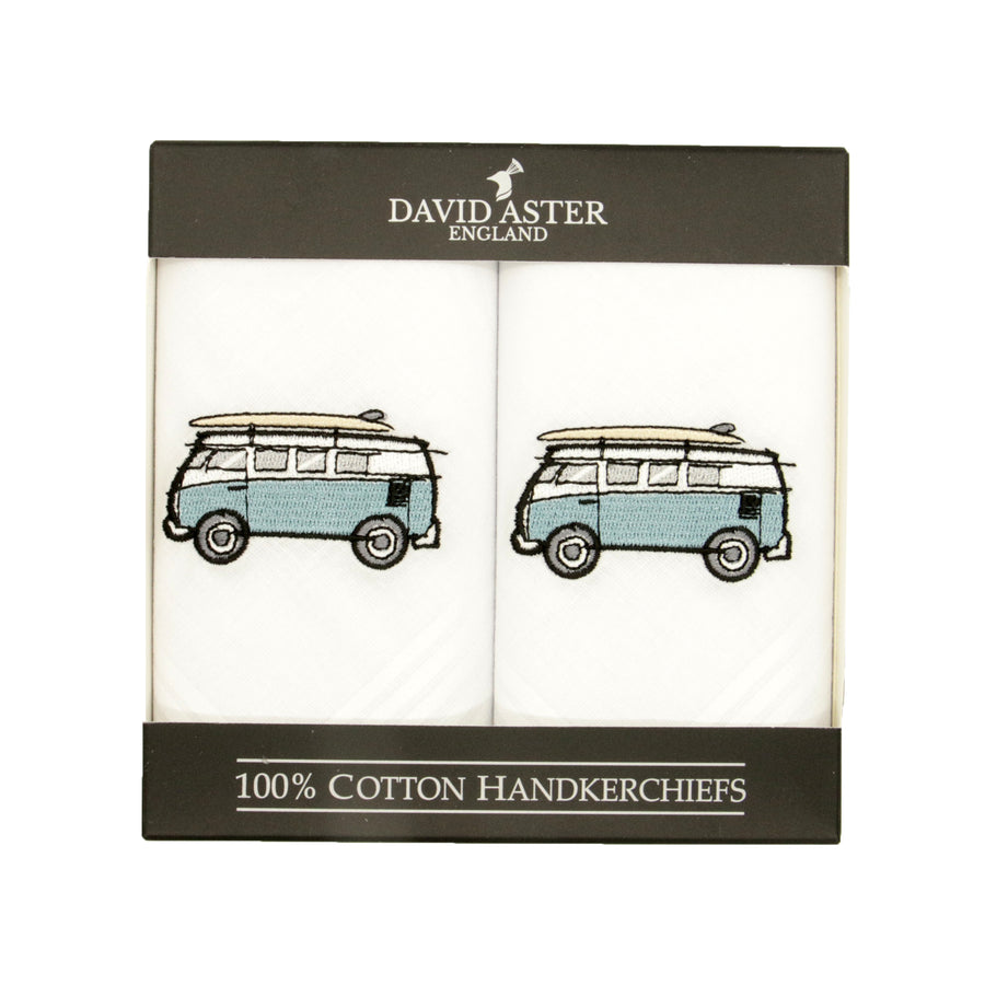 Campervan Embroidered White Cotton Handkerchiefs - Leonard Silver - pair in presentation box