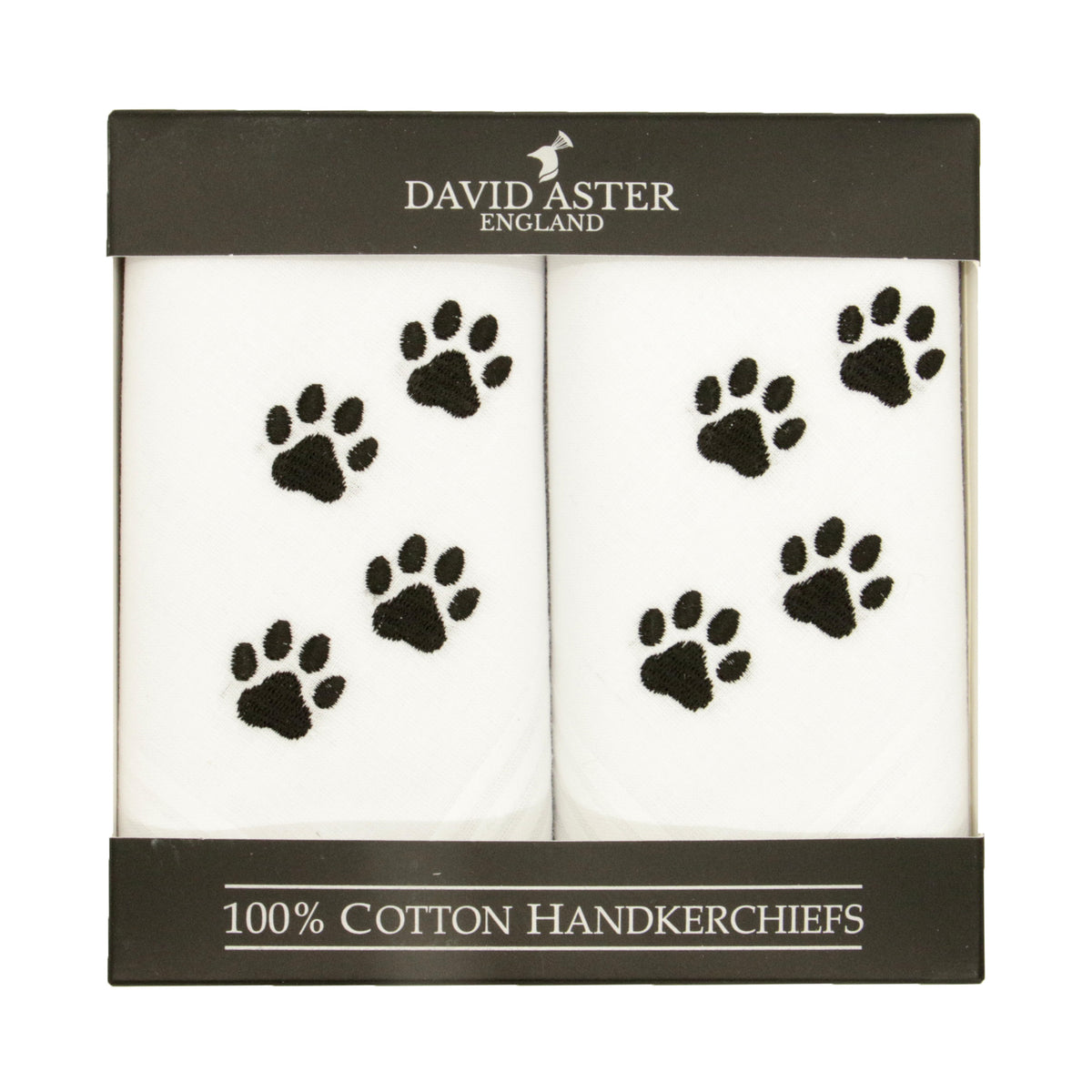 Paw Print Embroidered White Cotton Handkerchiefs - Leonard Silver - pair in presentation box