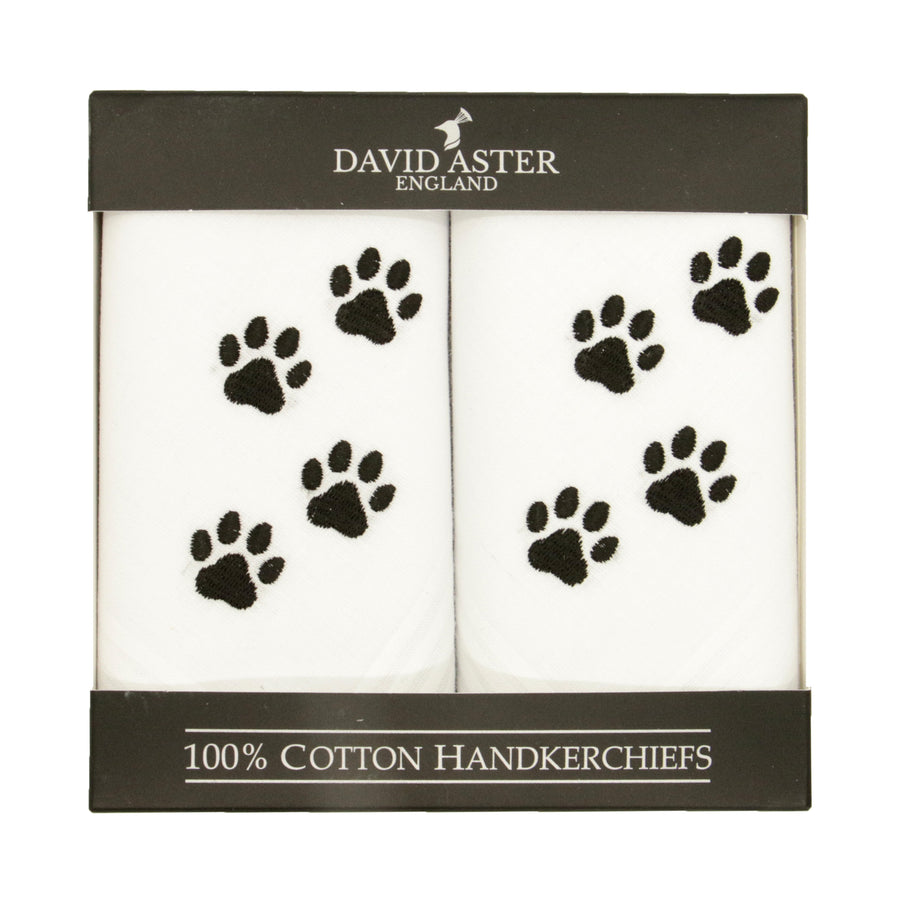 Paw Print Embroidered White Cotton Handkerchiefs - Leonard Silver - pair in presentation box