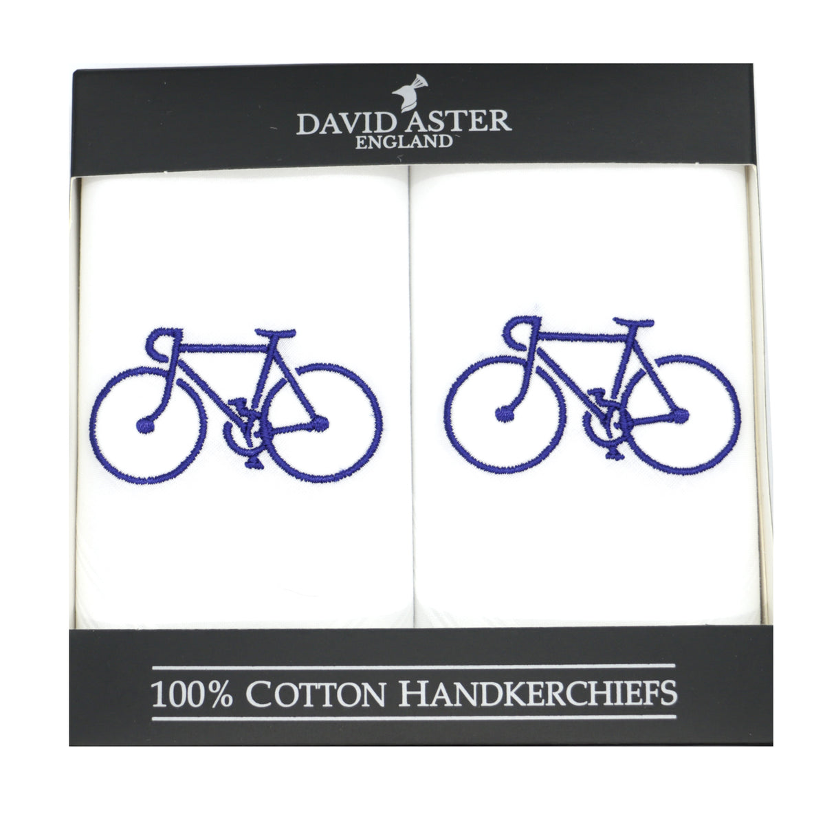 Bicycle Embroidered White Cotton Handkerchiefs - Leonard Silver - pair boxed