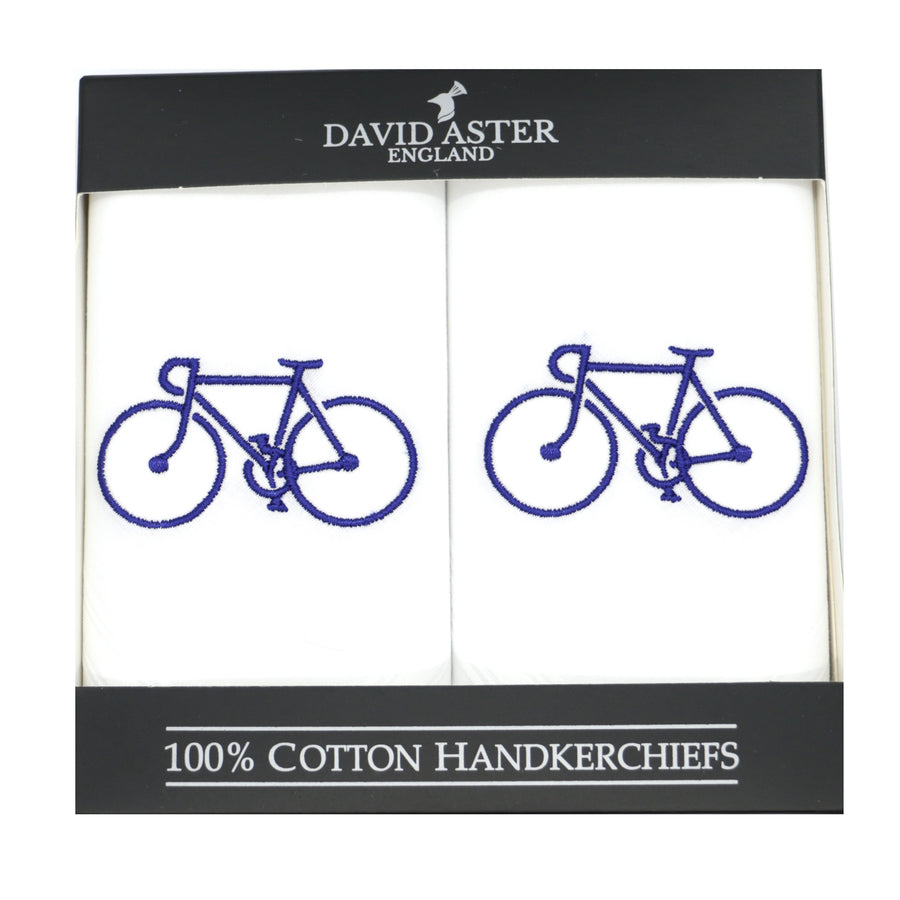 Bicycle Embroidered White Cotton Handkerchiefs - Leonard Silver - pair boxed