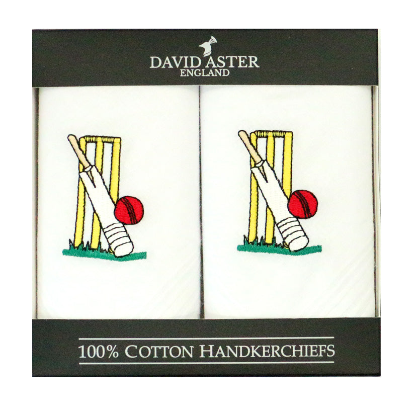 Cricket Embroidered White Cotton Handkerchiefs - Leonard Silver - pair in presentation box