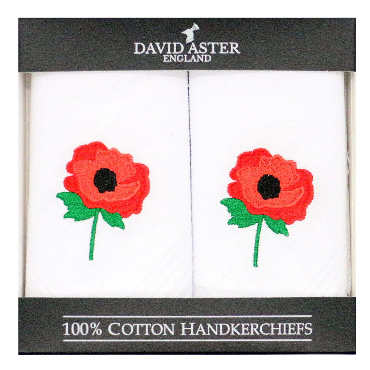 Poppy Embroidered White Cotton Handkerchiefs - Leonard Silver - pair in presentation box