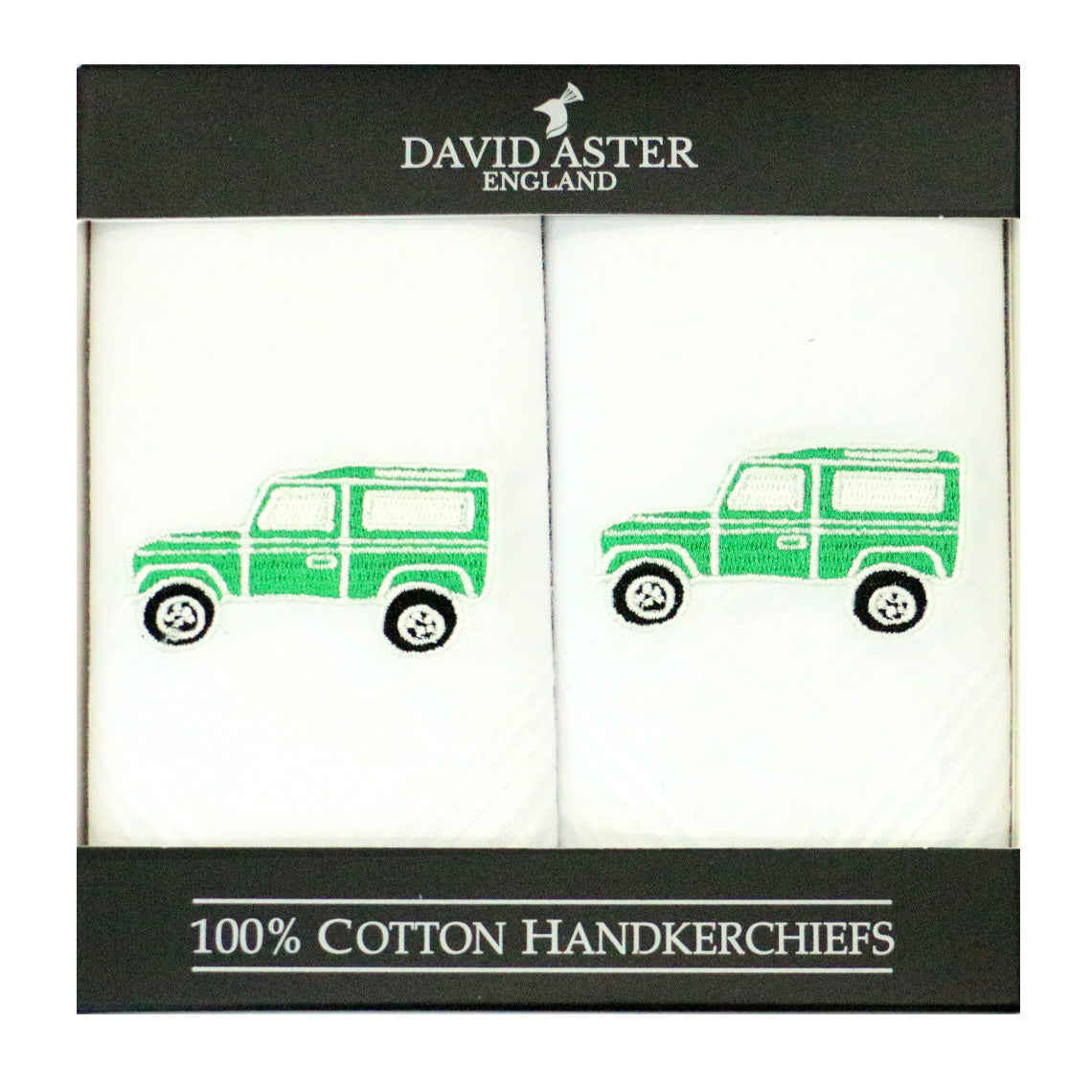 Green Off-Road Vehicle Embroidered Cotton Handkerchiefs - Leonard Silver - pair in gift box