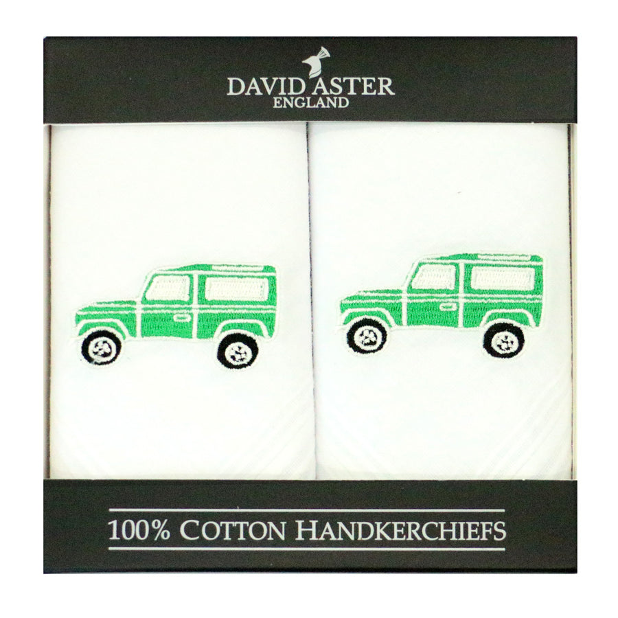 Green Off-Road Vehicle Embroidered Cotton Handkerchiefs - Leonard Silver - pair in gift box