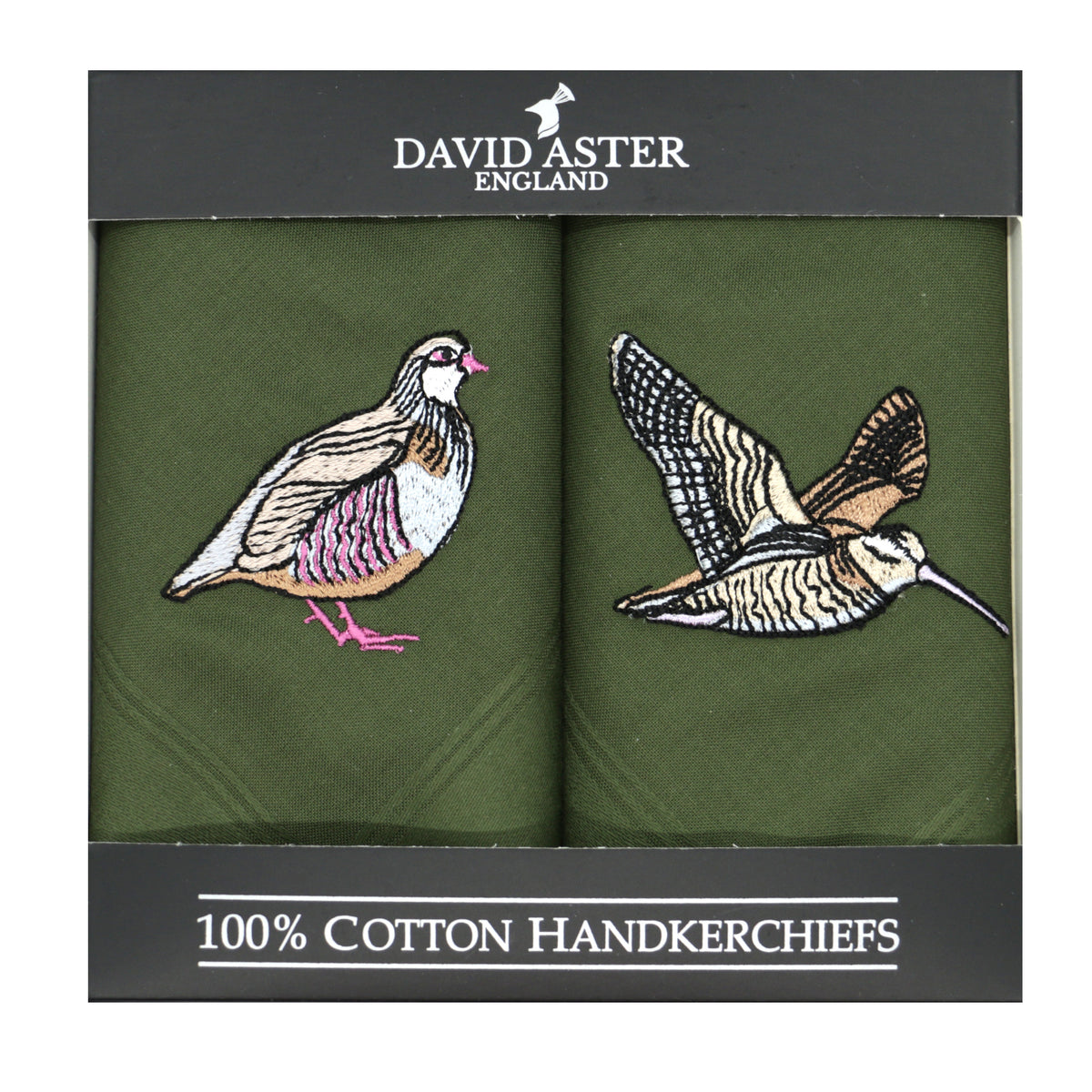 Green Woodcock & Partridge Embroidered Handkerchiefs - Leonard Silver - pair in gift box