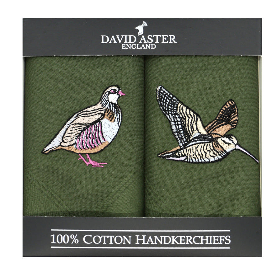 Green Woodcock & Partridge Embroidered Handkerchiefs - Leonard Silver - pair in gift box