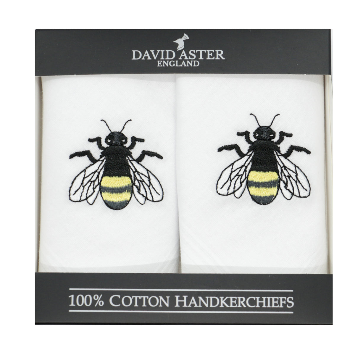 Bee Embroidered White Cotton Handkerchief Set - Leonard Silver - pair in presentation box