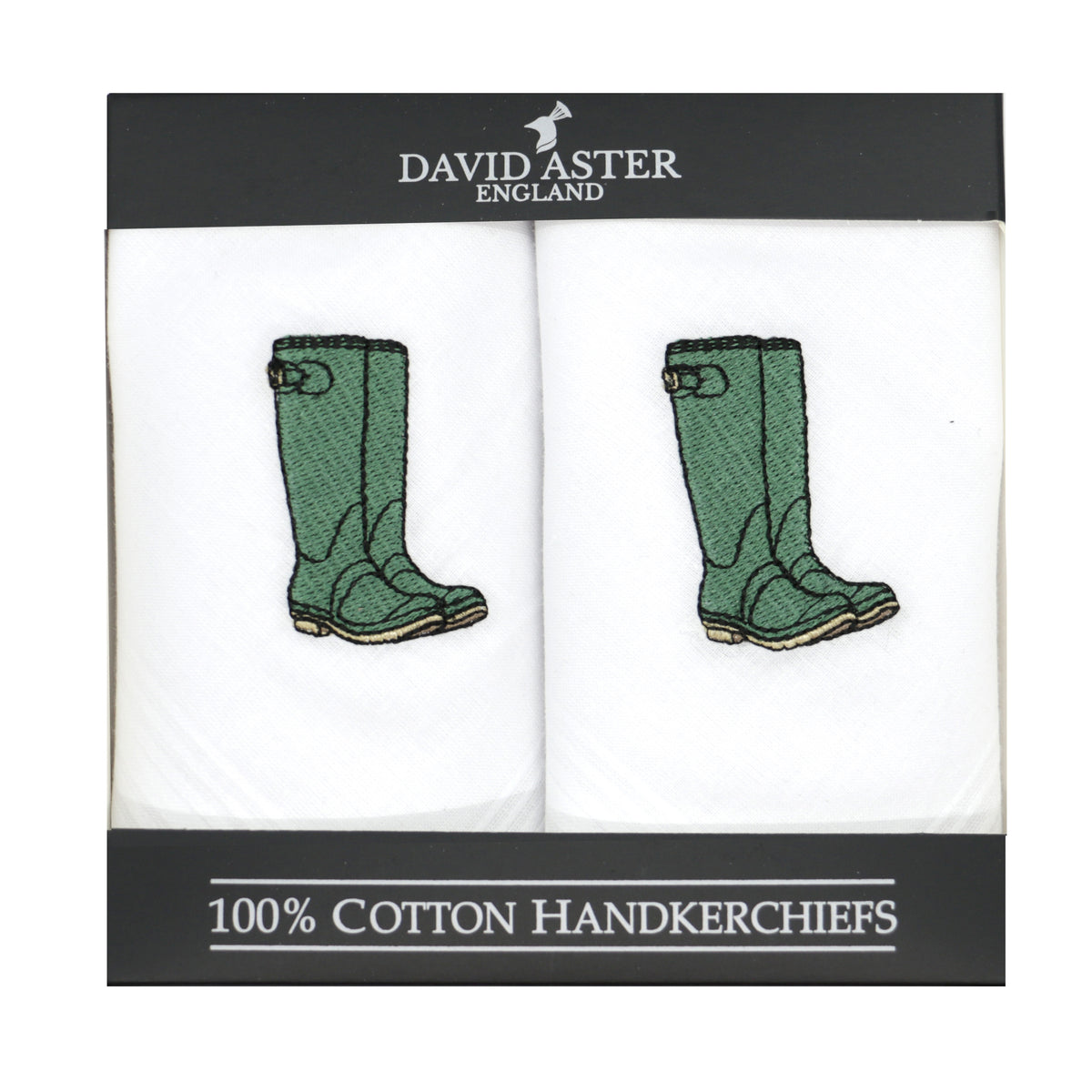 Green Wellington Boots White Cotton Handkerchiefs - Leonard Silver - set of two, boxed