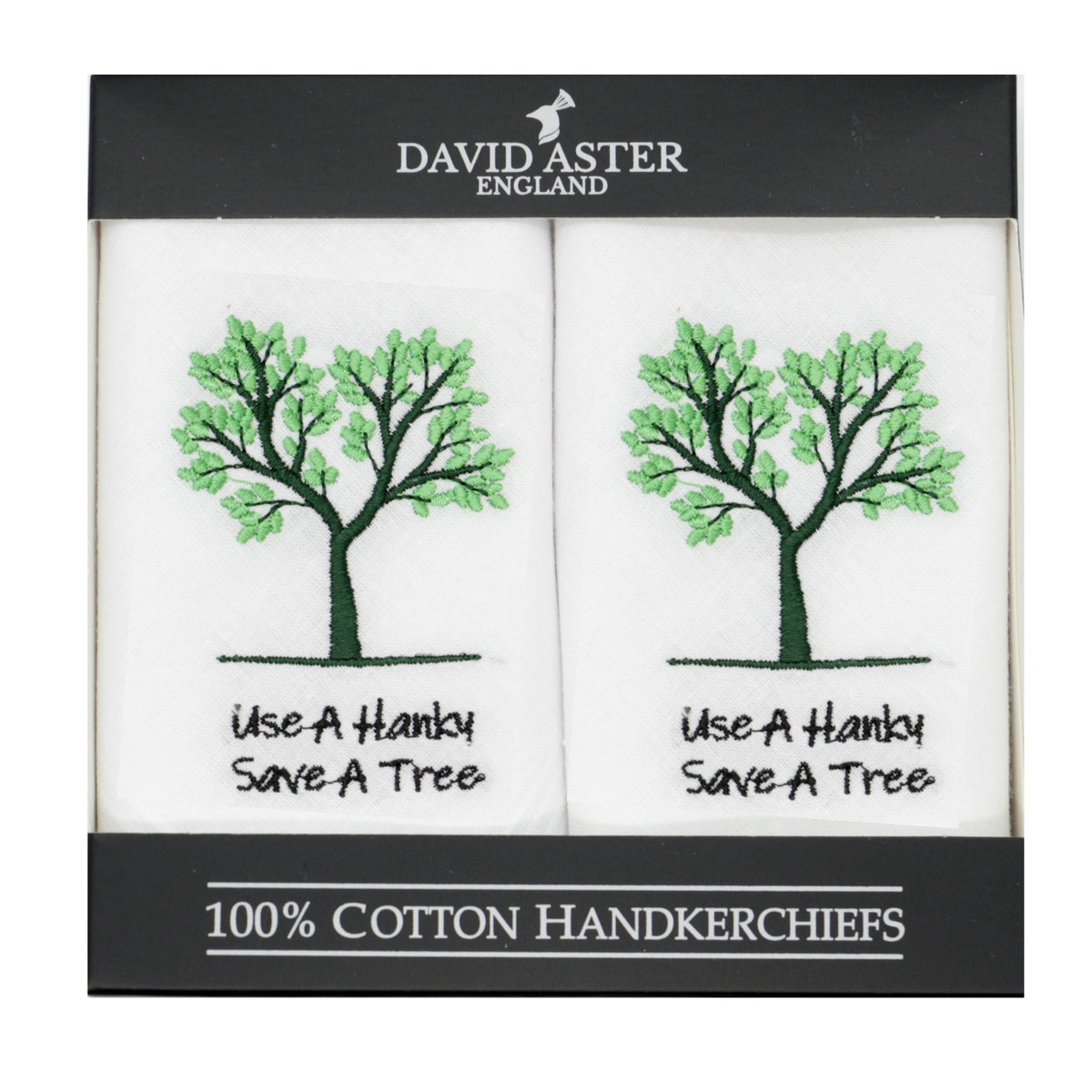 Save A Tree Embroidered White Cotton Handkerchiefs - Leonard Silver - pair shown with embroidered tree motif
