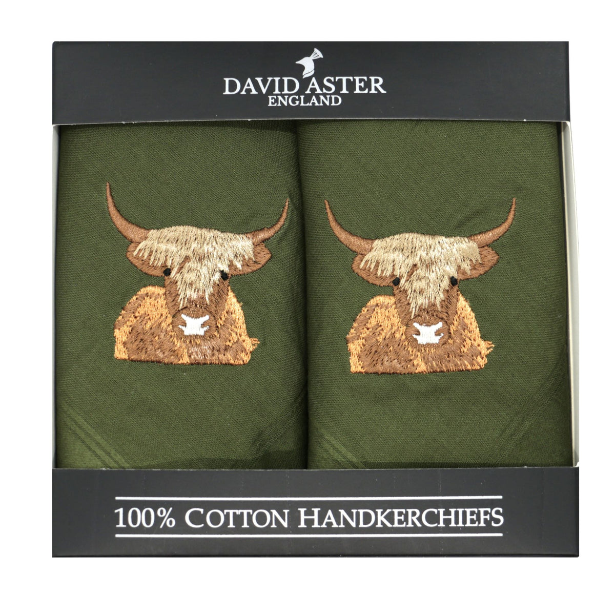 Highland Cow Green Cotton Handkerchiefs, Set of Two - Leonard Silver, boxed pair