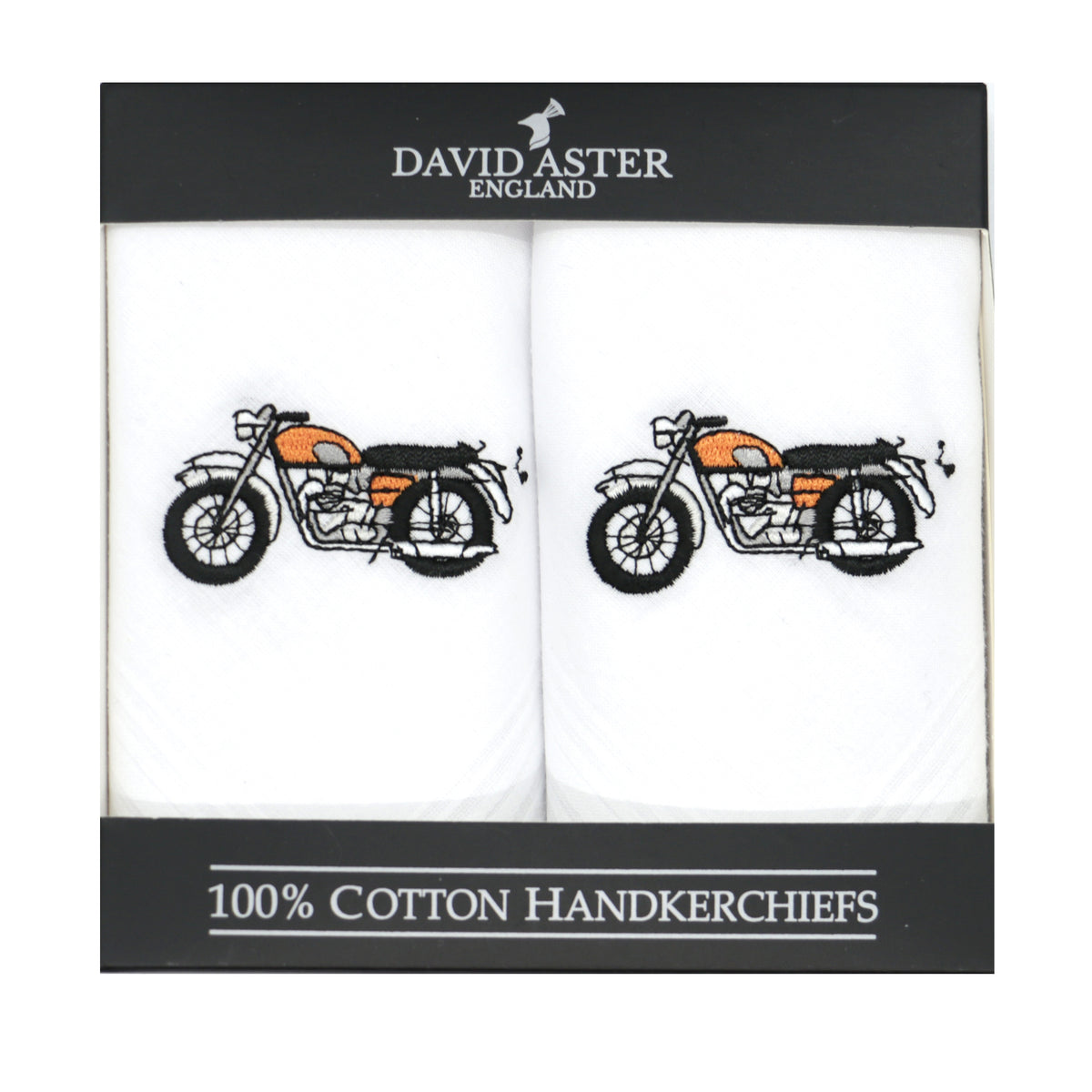 Motorbike Embroidered White Cotton Handkerchiefs - Leonard Silver - pair shown boxed