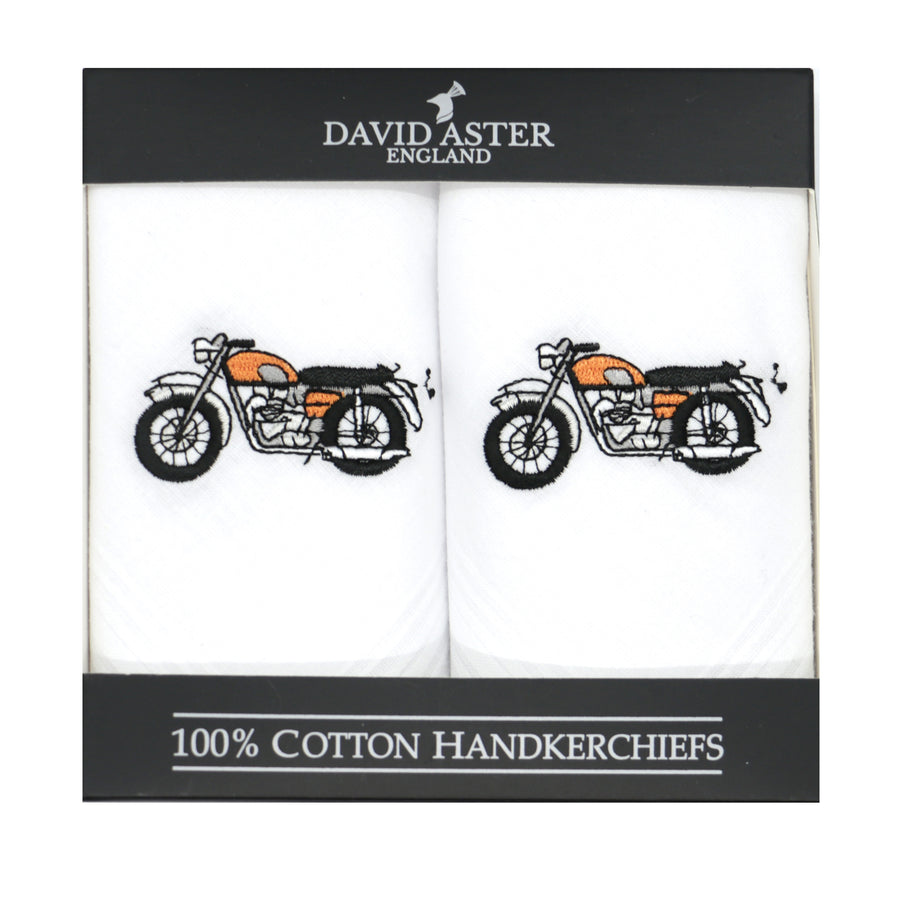 Motorbike Embroidered White Cotton Handkerchiefs - Leonard Silver - pair shown boxed