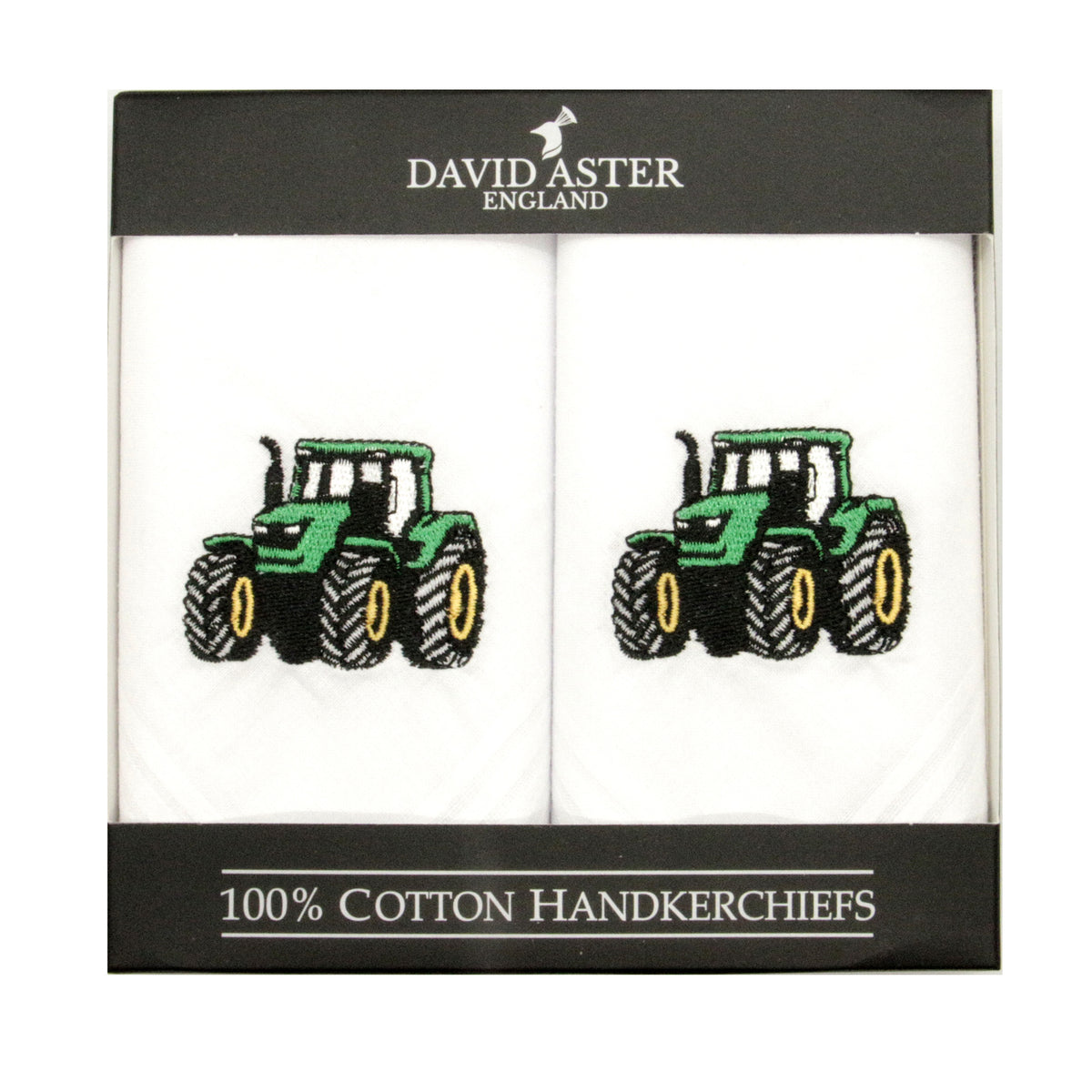 Green Tractor Embroidered White Cotton Handkerchiefs - Leonard Silver - set of two in gift box