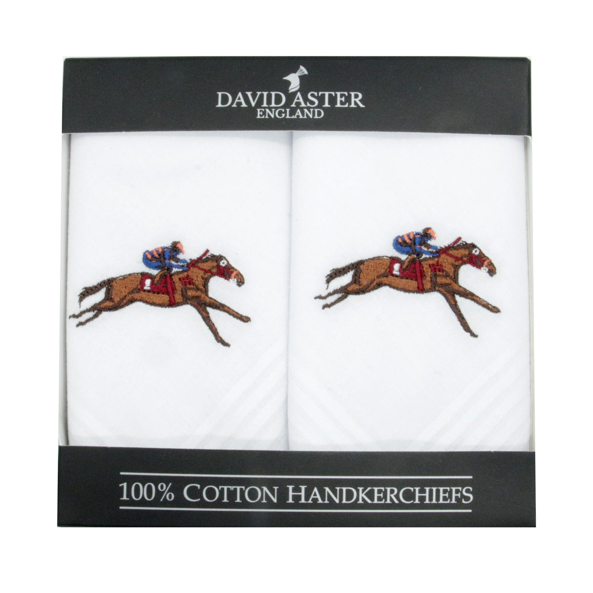 Racehorse Embroidered White Cotton Handkerchiefs - Leonard Silver - pair shown in gift box