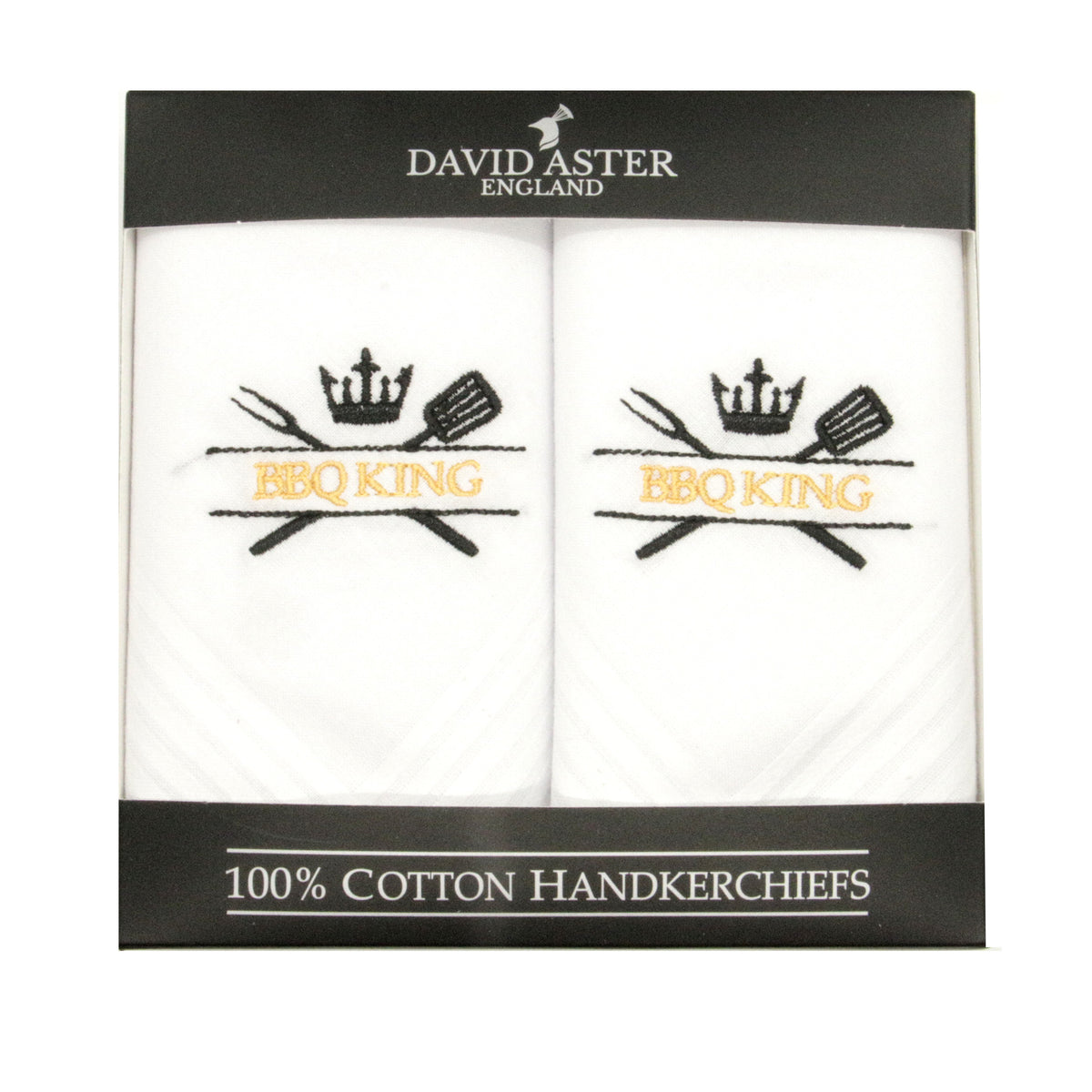 BBQ King Embroidered White Cotton Handkerchiefs - Leonard Silver - set of two in gift box