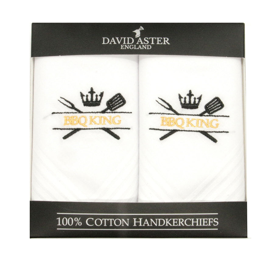 BBQ King Embroidered White Cotton Handkerchiefs - Leonard Silver - set of two in gift box