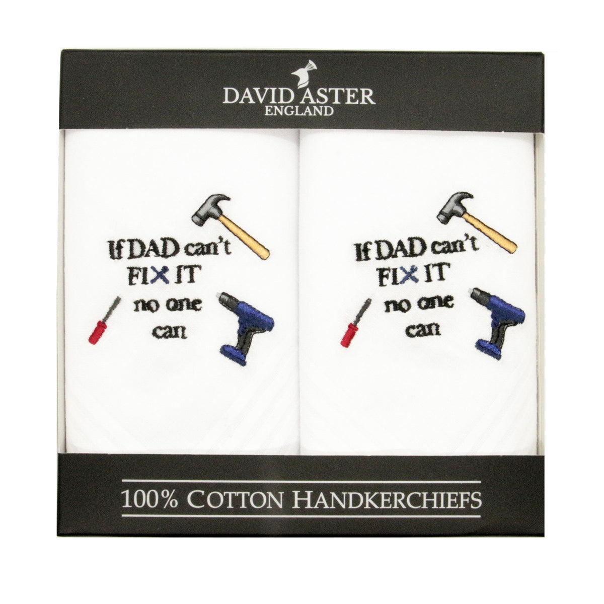 "If Dad Can't Fix It" Embroidered White Handkerchiefs - Leonard Silver - pair in gift box