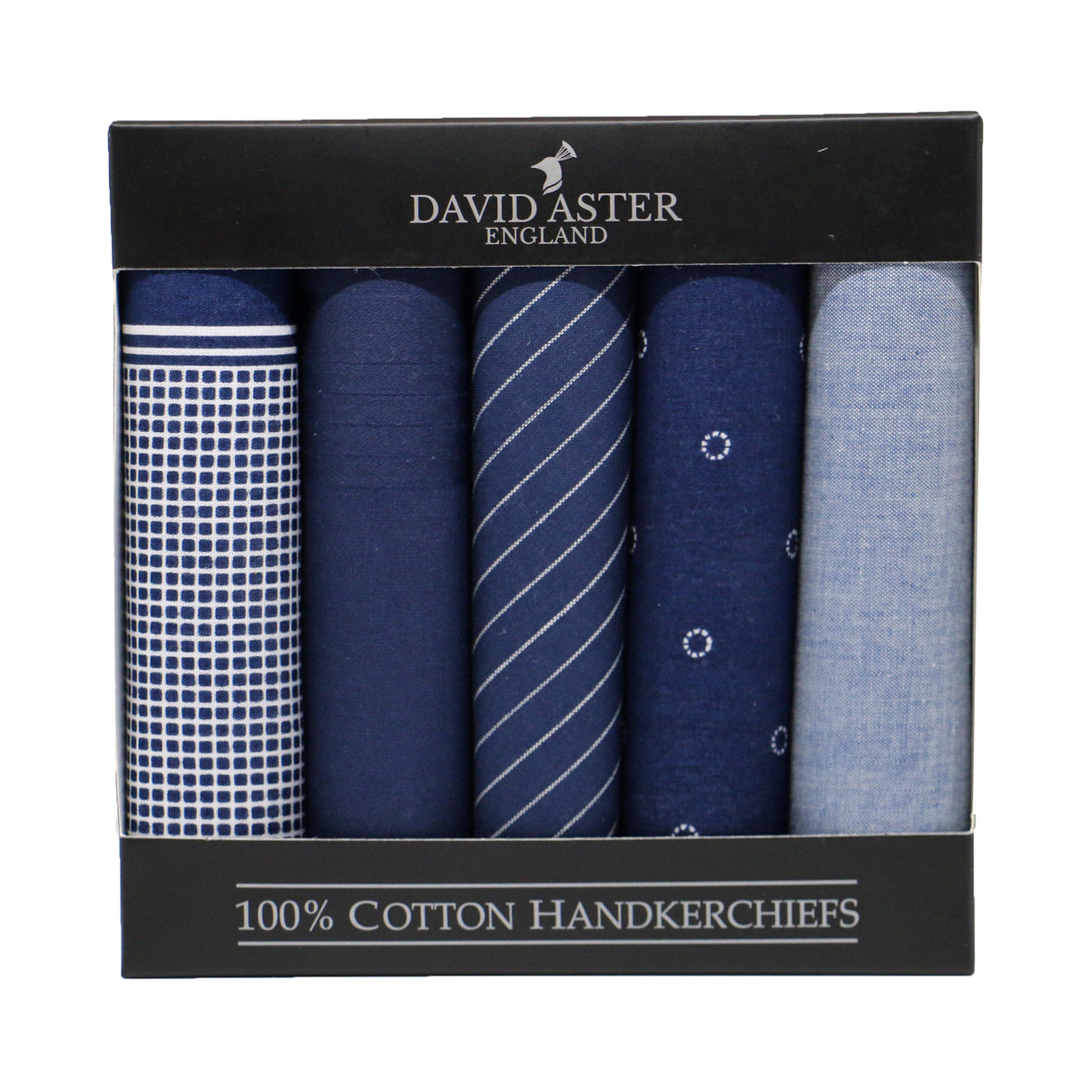 Dark Blue Assorted Cotton Handkerchiefs, Pack of 5 - Leonard Silver - all five in window box