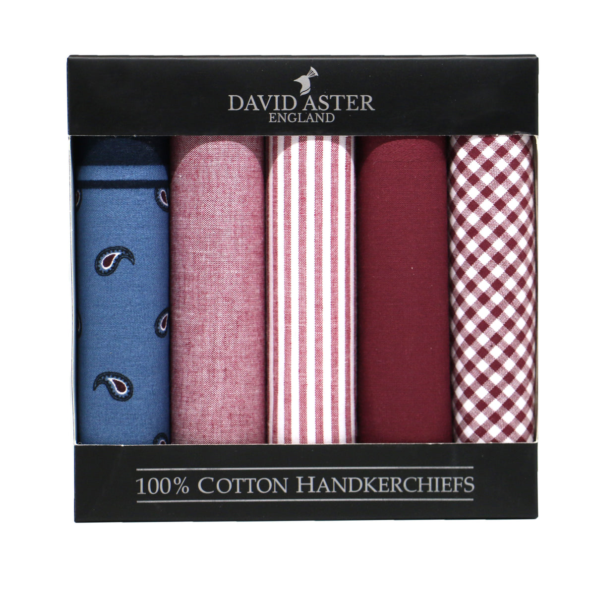 Burgundy Assorted Cotton Handkerchiefs, Pack of 5 - Leonard Silver - five designs in window box