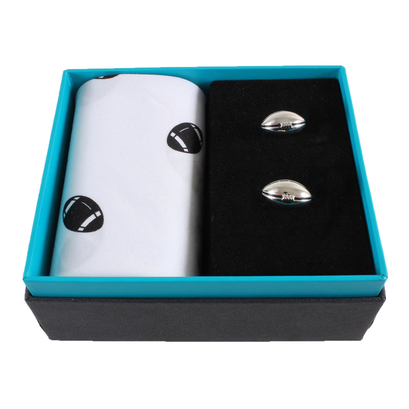 Rugby Ball Cufflinks & Handkerchief Set - Leonard Silver - angled view of the set