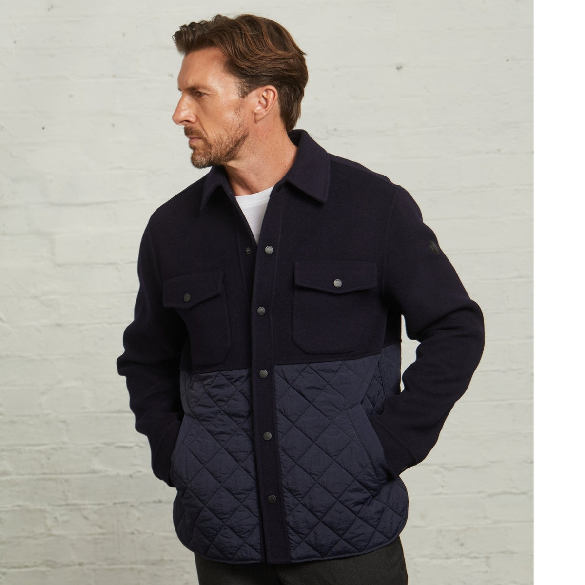 Guards London Horace Quilted Overshirt in Navy worn fastened, front view on a model