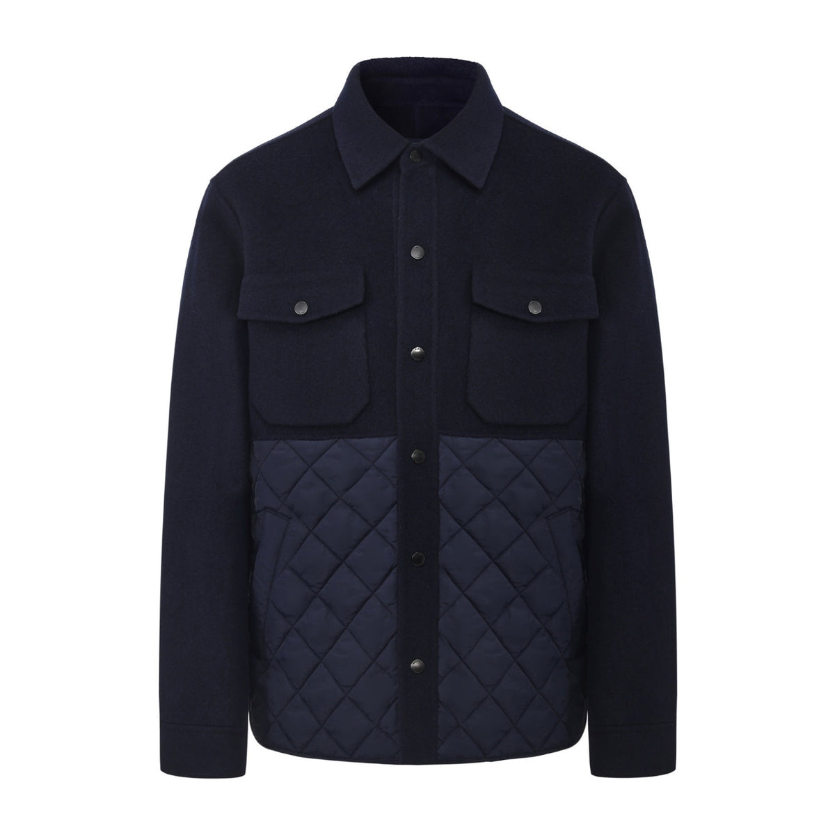Horace Quilted Overshirt in Navy, flat front view with stud front and flap chest pockets