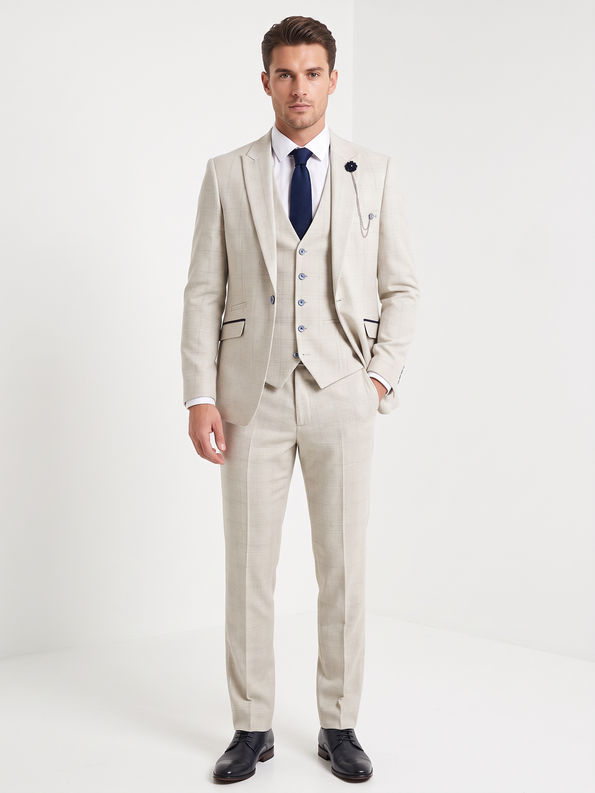 Ivory Suit With Check & Peak Lapels
