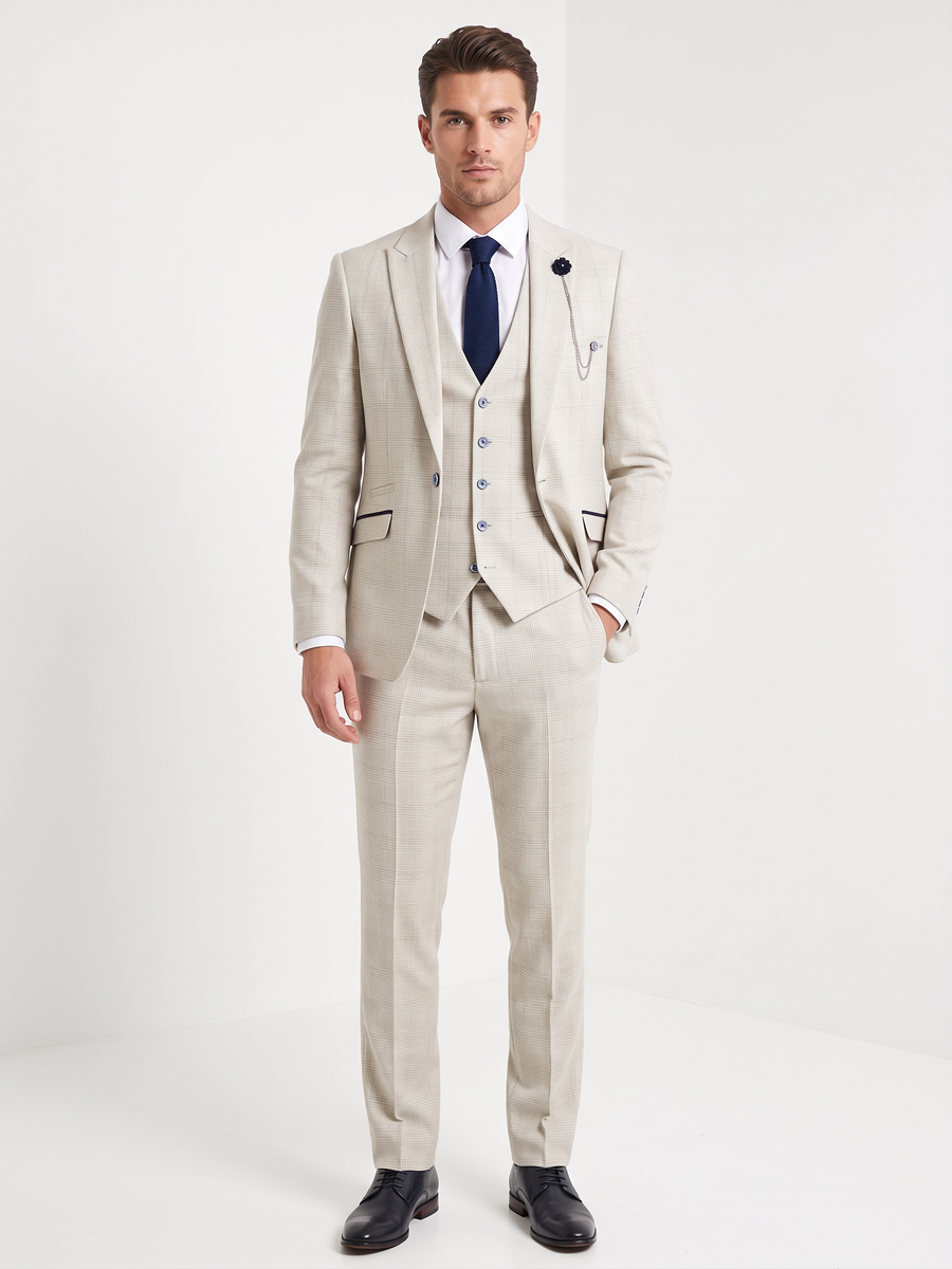 Ivory Suit With Check & Peak Lapels