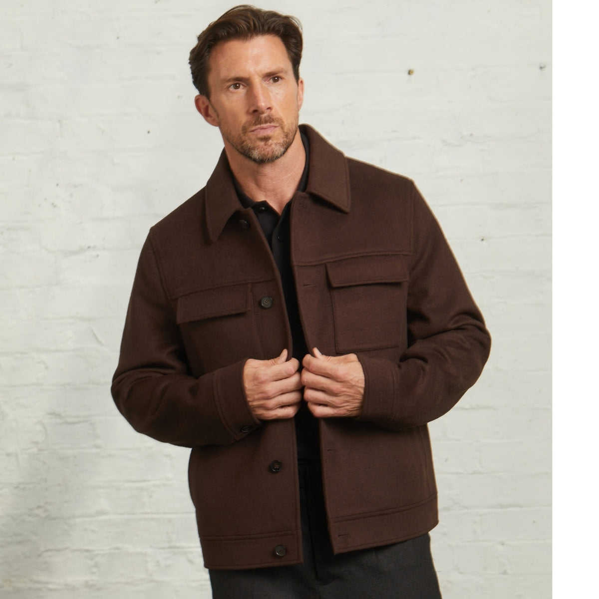 James Wool Short Jacket in Brown worn open, front view on a model