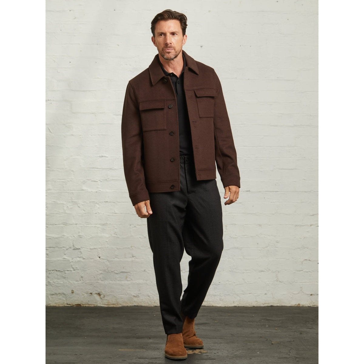 James Wool Short Jacket in Brown, full length view on a model