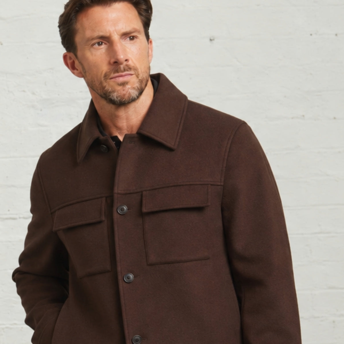 James Wool Short Jacket in Brown, close view of the collar and chest pockets