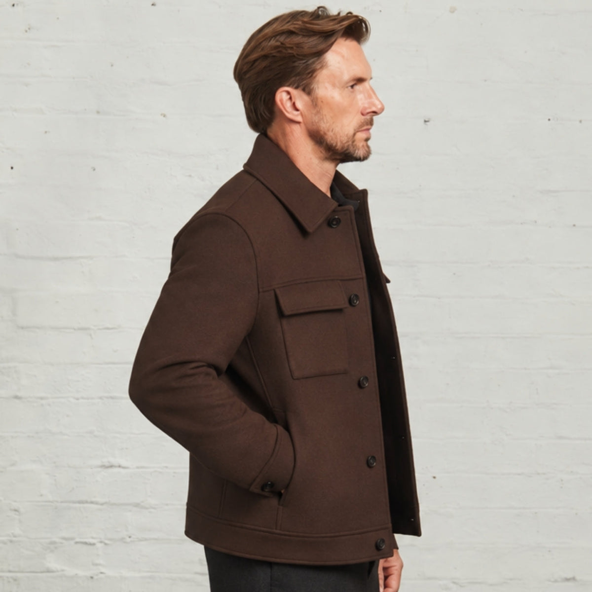 James Wool Short Jacket in Brown, side view on a model