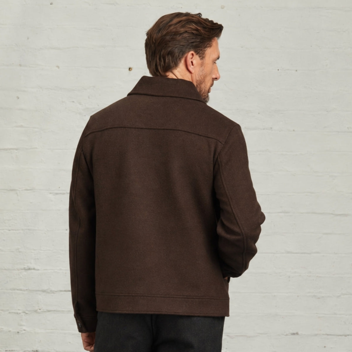 James Wool Short Jacket in Brown, back view on a model