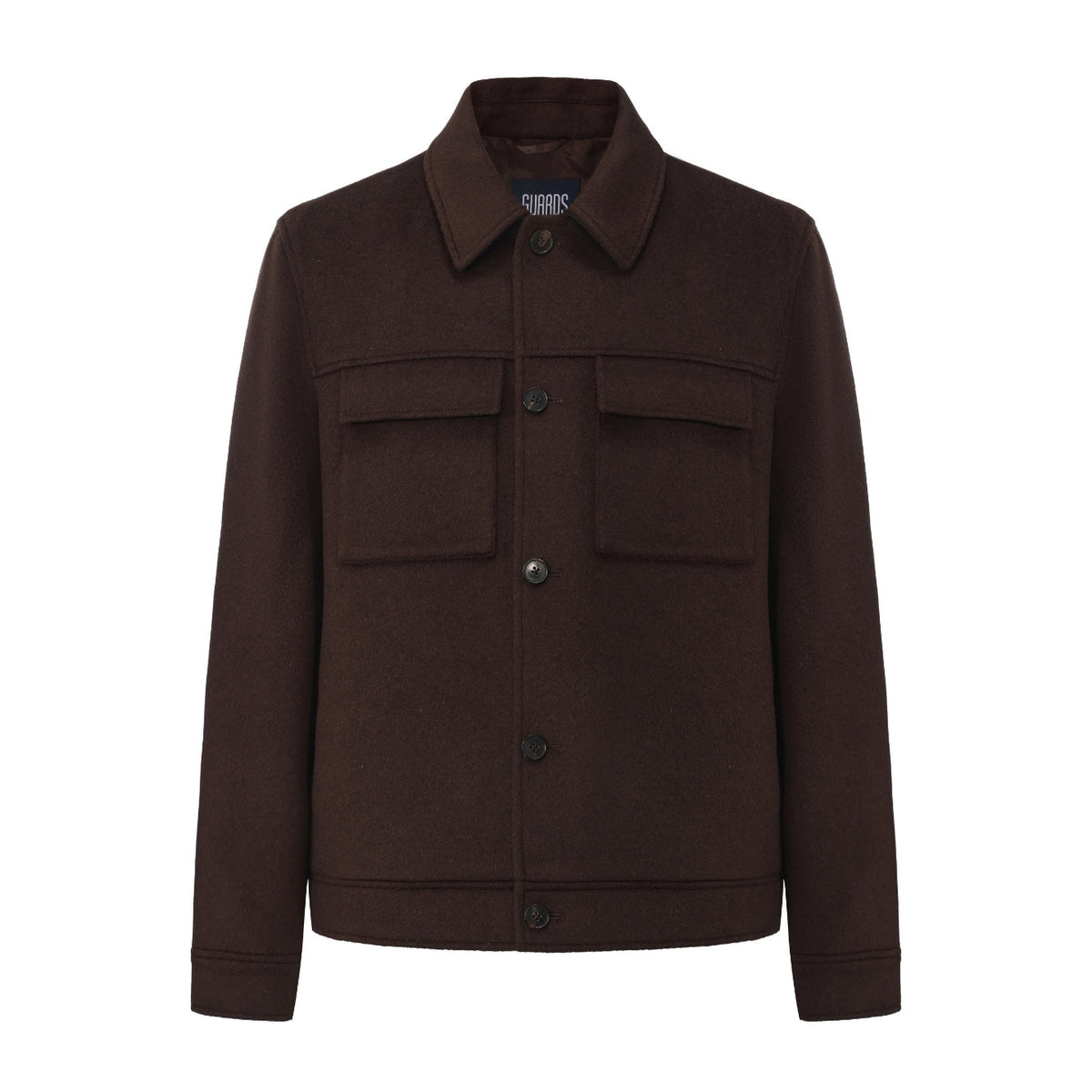 James Wool Short Jacket in Brown, flat front view with flap chest pockets