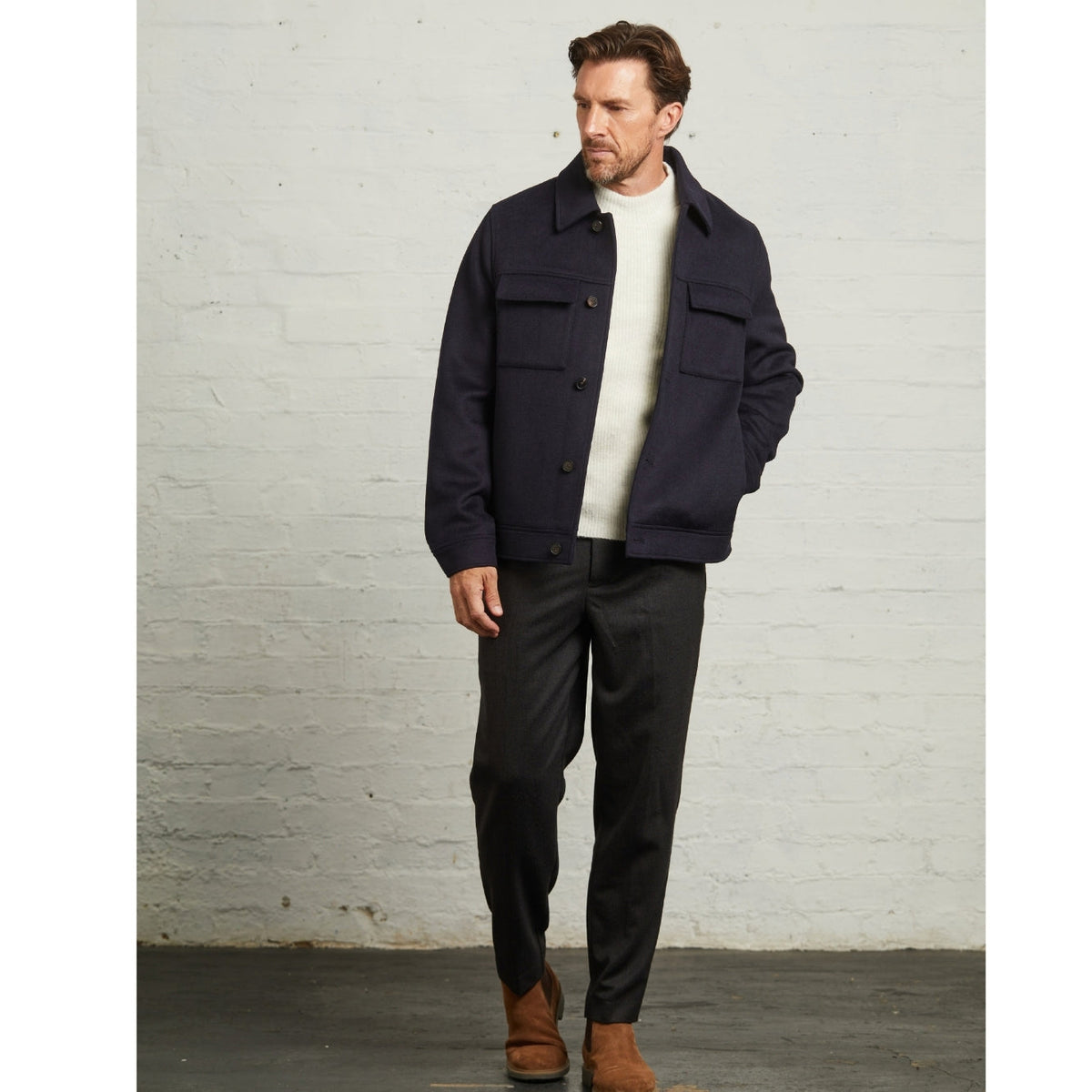 James Wool Short Jacket in Navy, full length view on a model