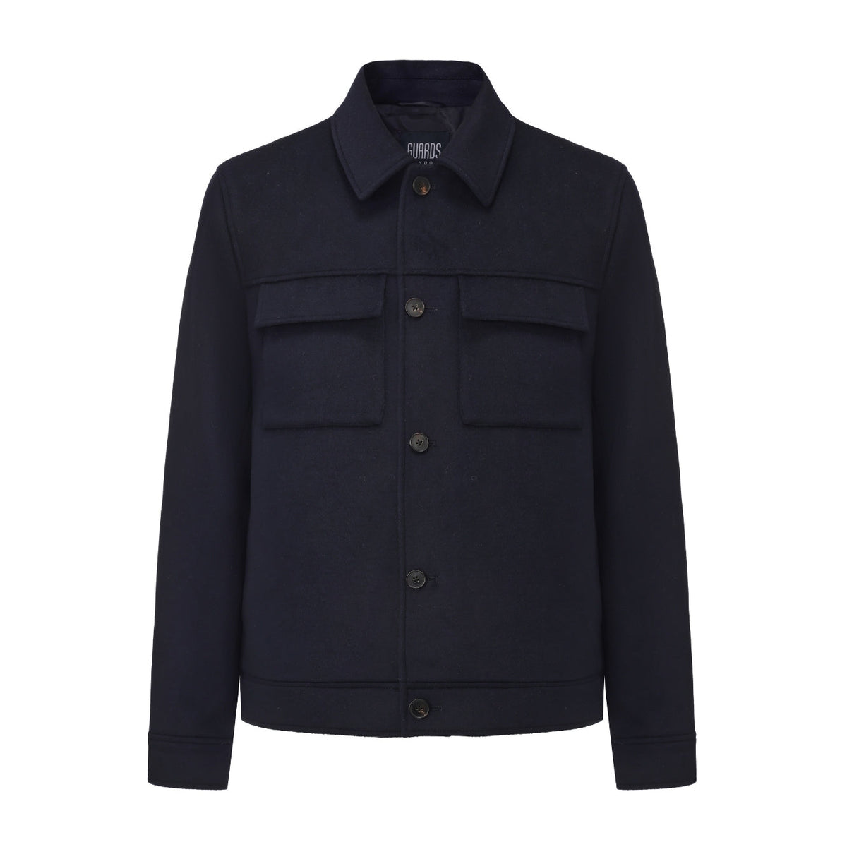 James Wool Short Jacket in Navy, flat front view with button front