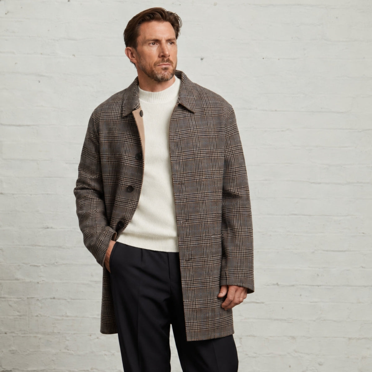 Guards London Joseph Reversible Coat in Brown Check/Camel, check side out, front view on a model