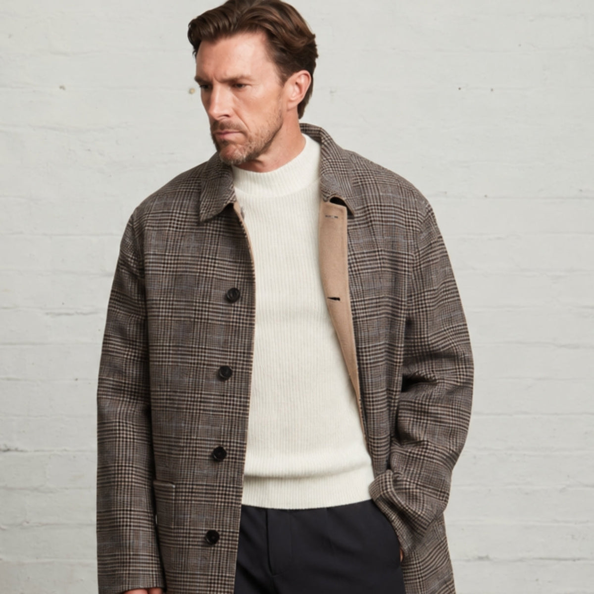 Joseph Reversible Coat in Brown Check/Camel, check side out and open, front view