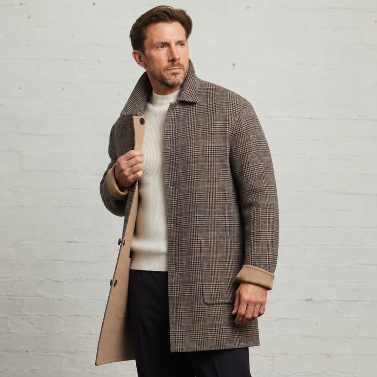 Joseph Reversible Coat in Brown Check/Camel, check side out, held open to show the camel face