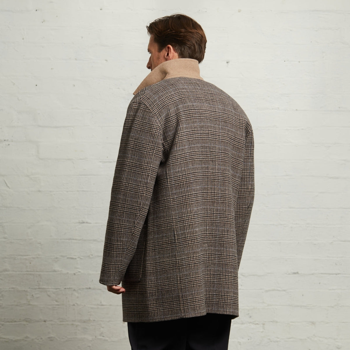 Joseph Reversible Coat in Brown Check/Camel, check side out, back view with camel collar
