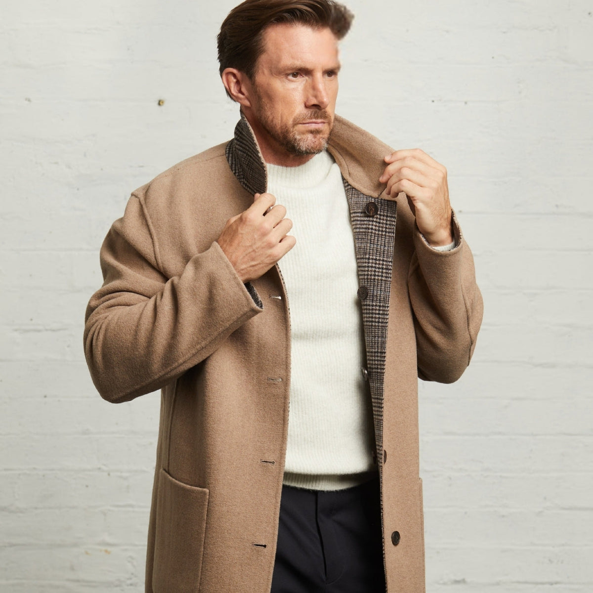 Joseph Reversible Coat in Brown Check/Camel, camel side out, collar held up, front view