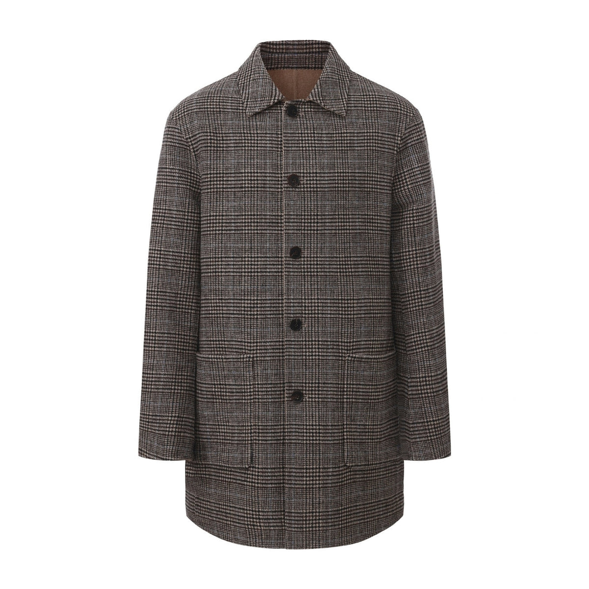 Joseph Reversible Coat in Brown Check/Camel, check face, flat front view with patch pockets