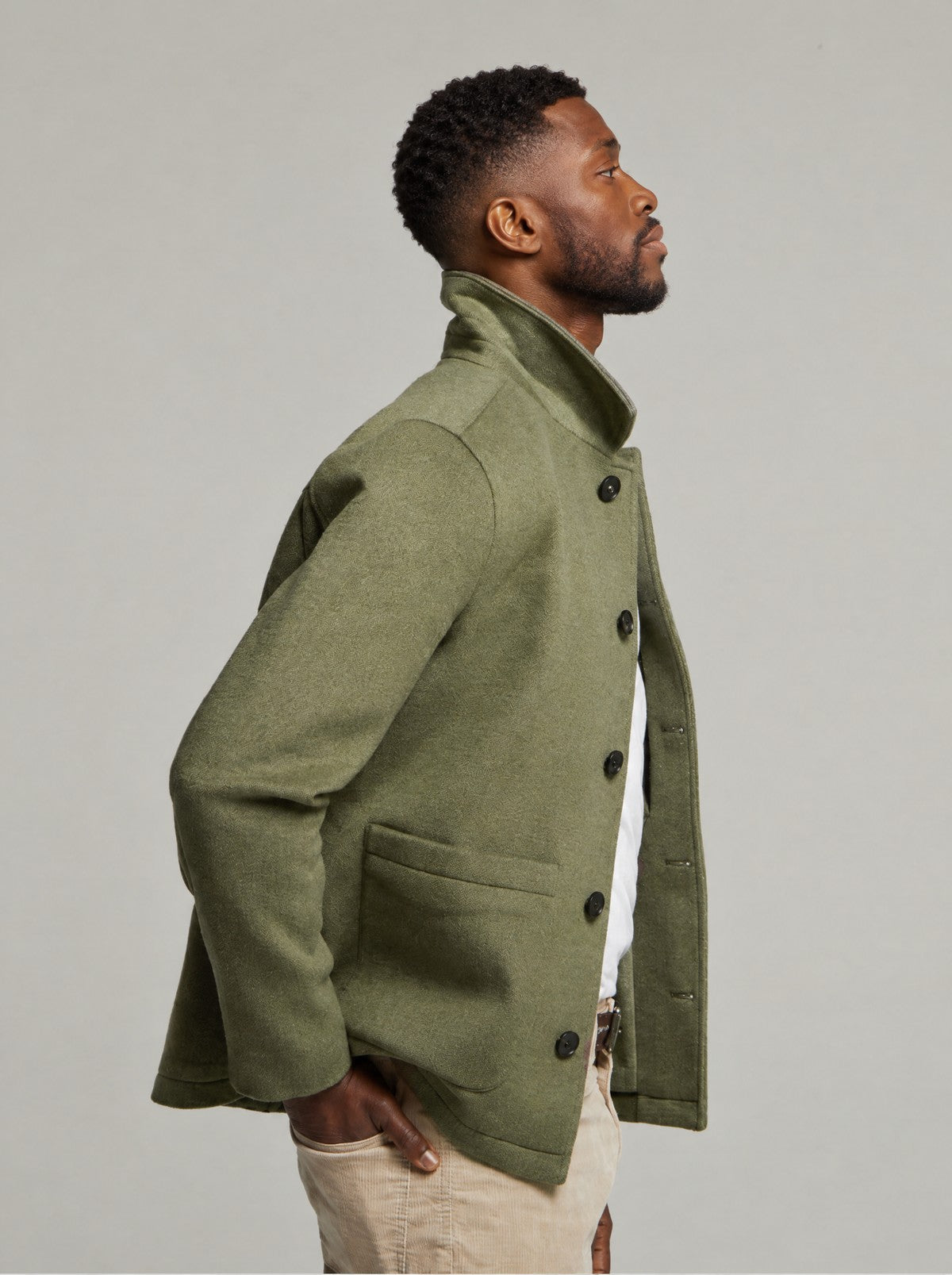 Kendrew Wool Shacket in Green, side view with collar up