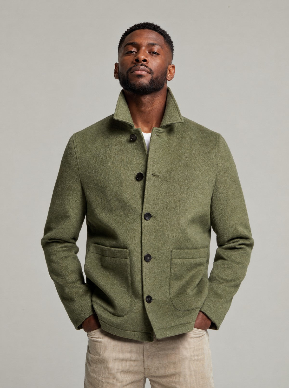 Kendrew Wool Shacket in Green worn buttoned, front view on a model