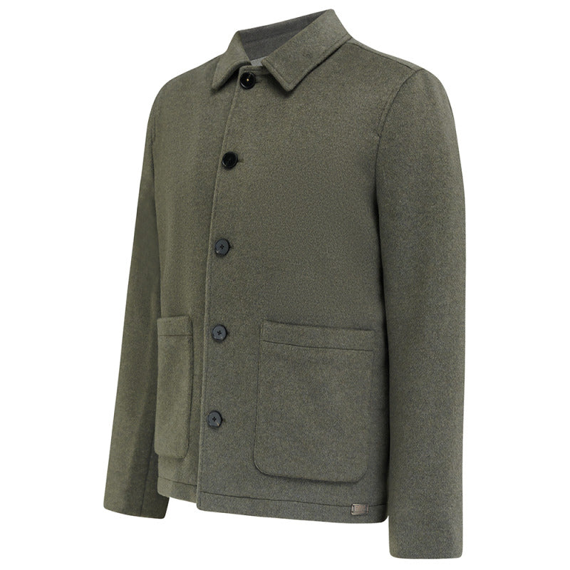 Kendrew Wool Shacket in Green, flat front view with patch pockets