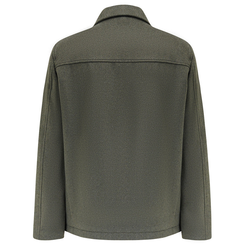 Kendrew Wool Shacket in Green, flat back view with yoke seam