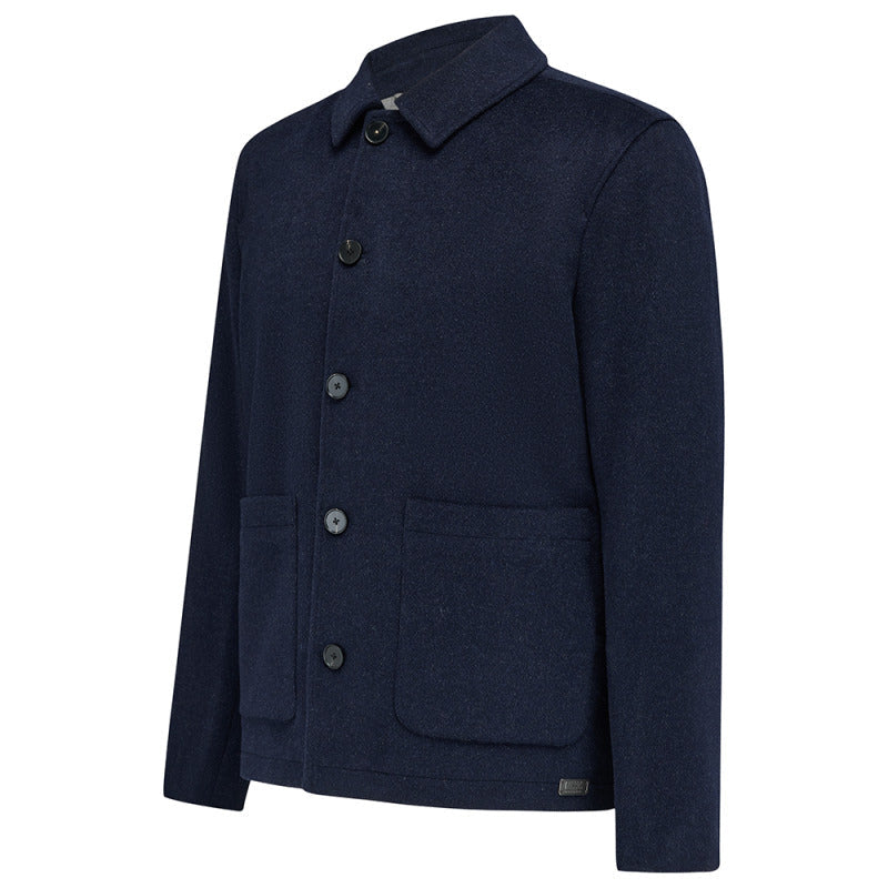 Kendrew Wool Shacket in Navy, flat front view with patch pockets