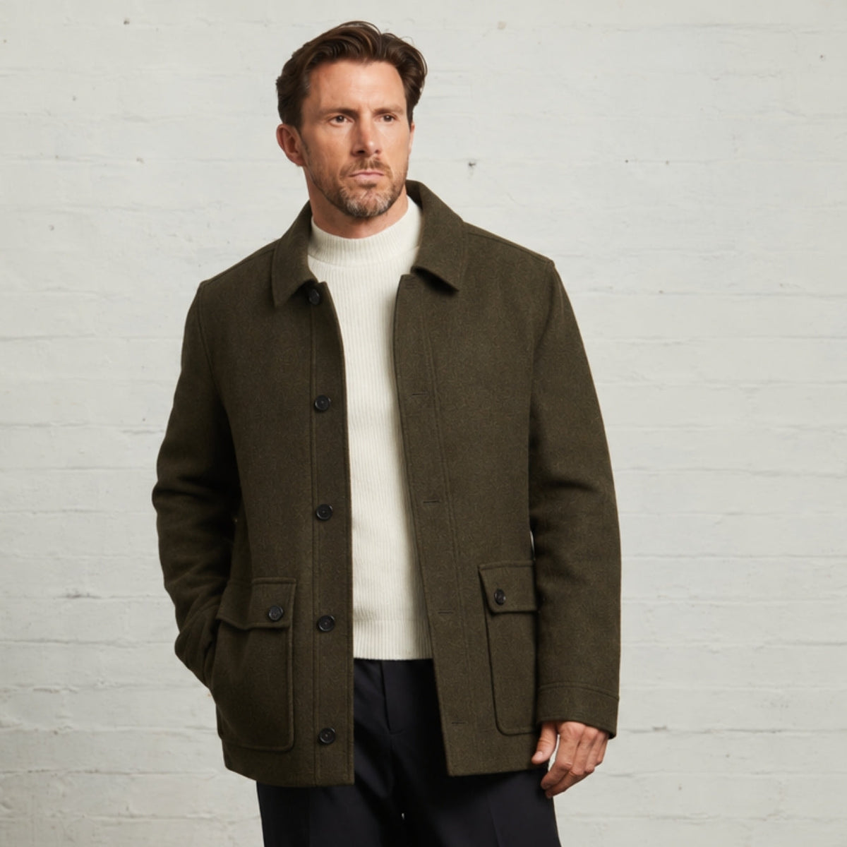 Guards London Kyle Wool Tweed Heritage Carcoat in Green worn buttoned, front view